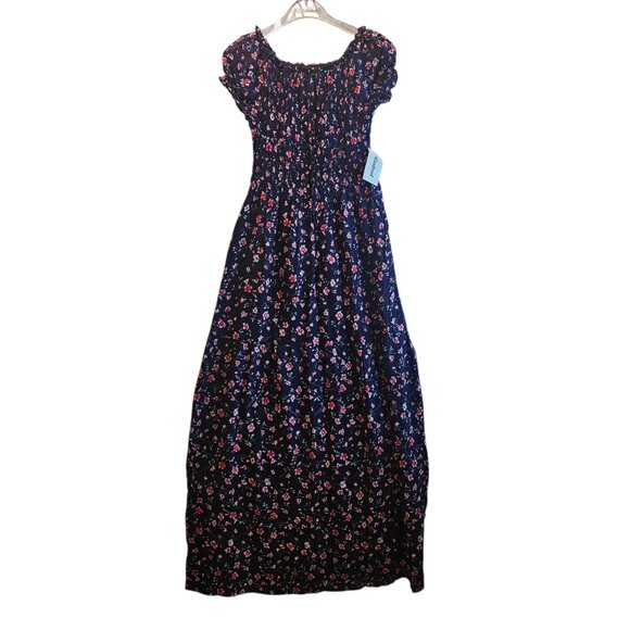 Kindred Navy Mavue Floral Maxi Dress Size M Puffed Short Sleeve Smocked Tiered - Picture 1 of 13